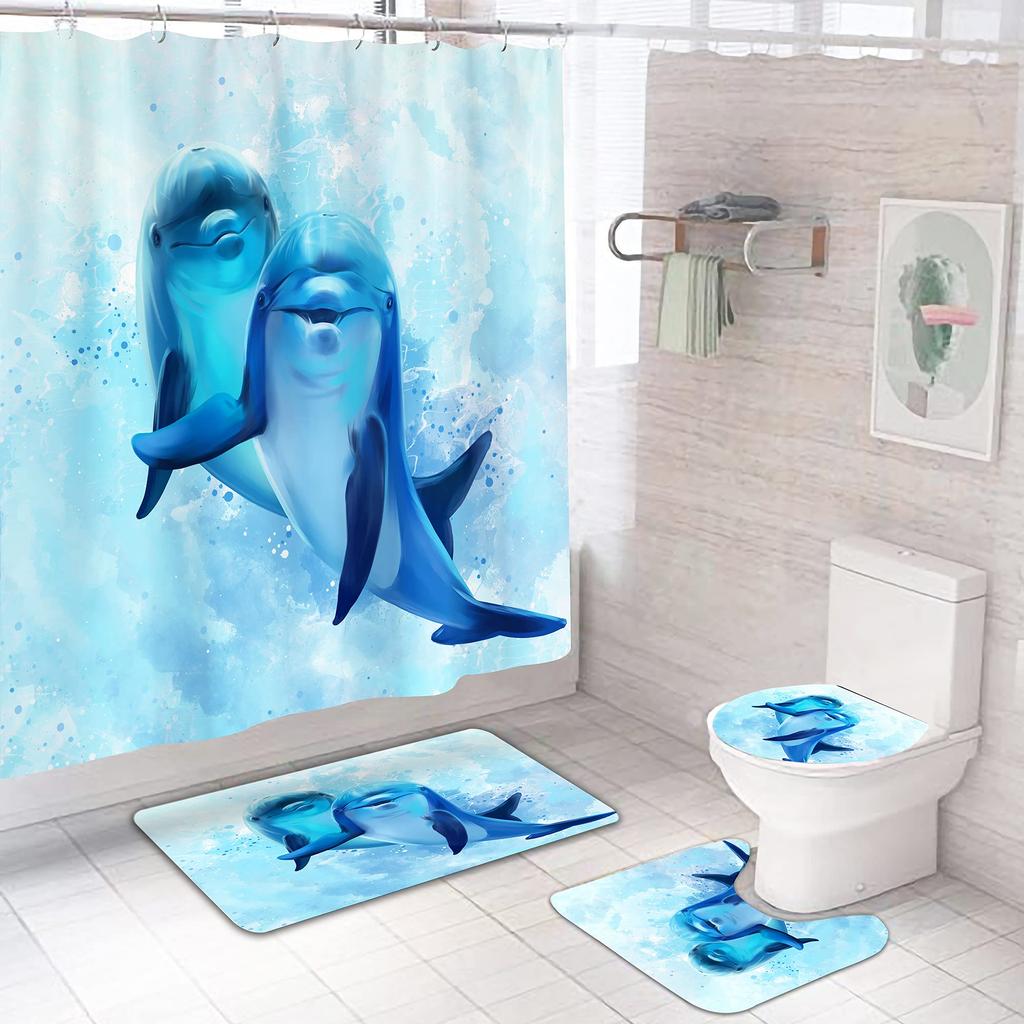 Fashion Sea World Dolphin Shower Curtain Set Bathroom Shower Curtain Set Non-Slip Bath Mat Toilet Lid Cover Polyester Waterproof