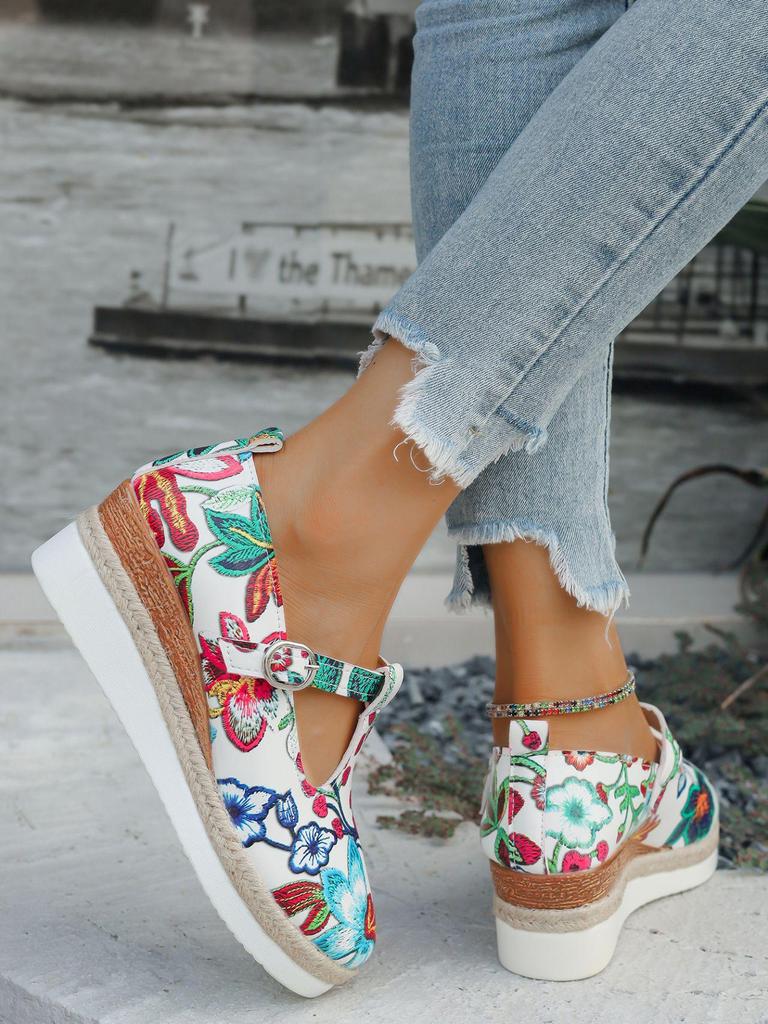2025 New Women's Large Size Wedge Heels with Spring/Autumn Scarf Buckle & Hemp Sole – European/American Roman Style