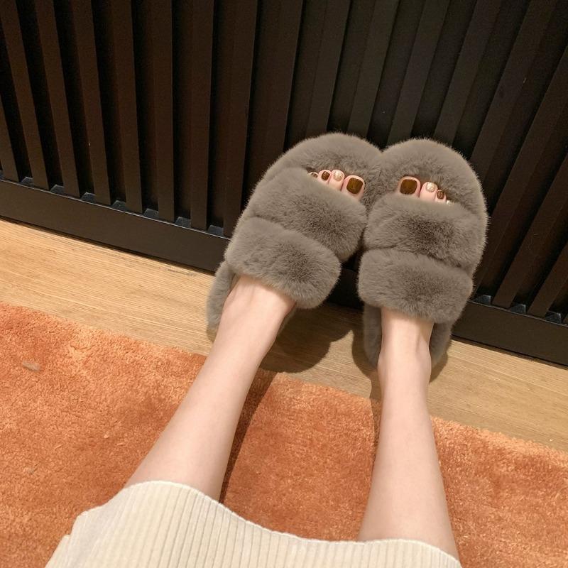 

[] Warm Sweetheart~ Winter Plush Thick Bottom One-word Belt Plush Plush Slippers Women s Outer Wear 40