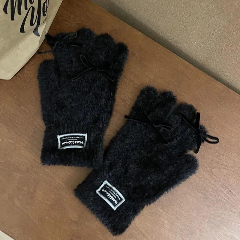 Version Coréenne Gants Tricotés en Laine pour Femmes en Hiver Pelucheux et Épaissis Chaleur pour le Cyclisme Gants Compatibles Écran Tactile Assortis