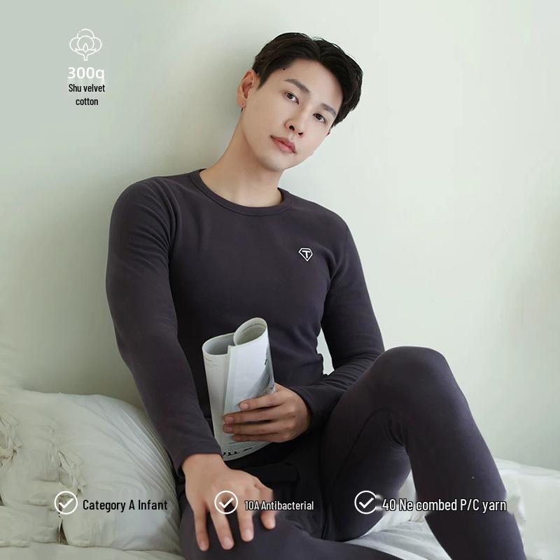 Men's Combed Cotton Autumn Pants Set - Warm, Thickened, Velvet-Lined Underwear for Teens
