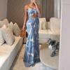 Tropical Plant Print Strapless Ruched Long Skirt Set