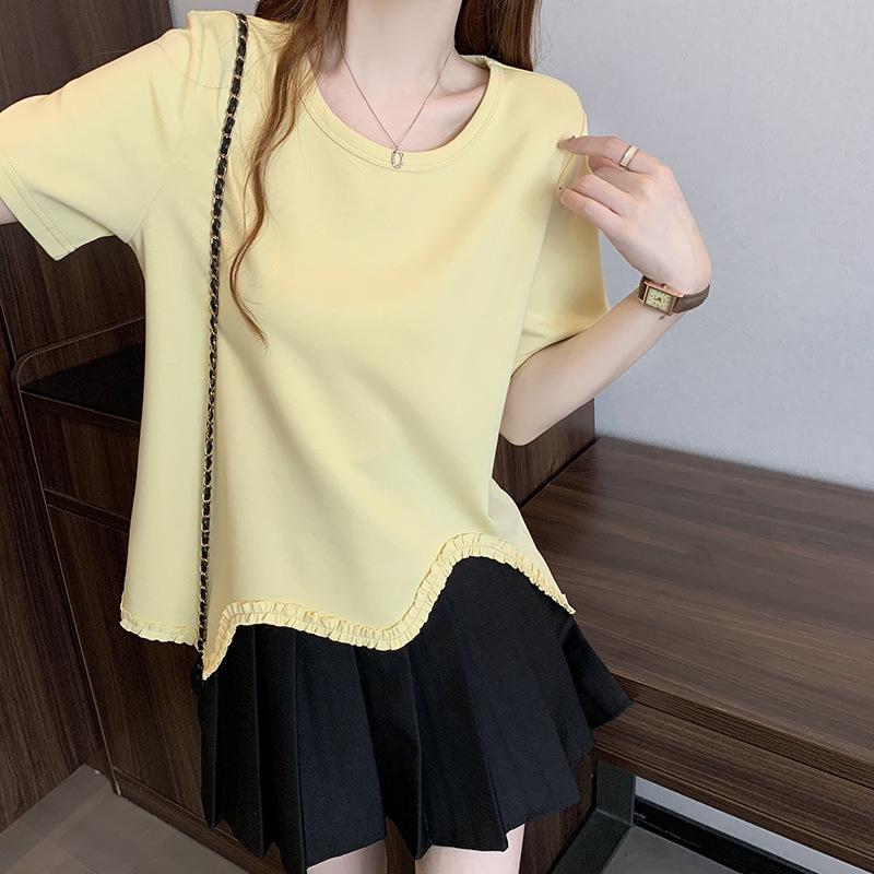 2026 Summer Plus Size Women's Irregular Ruffled Lace Short Sleeve T-shirt