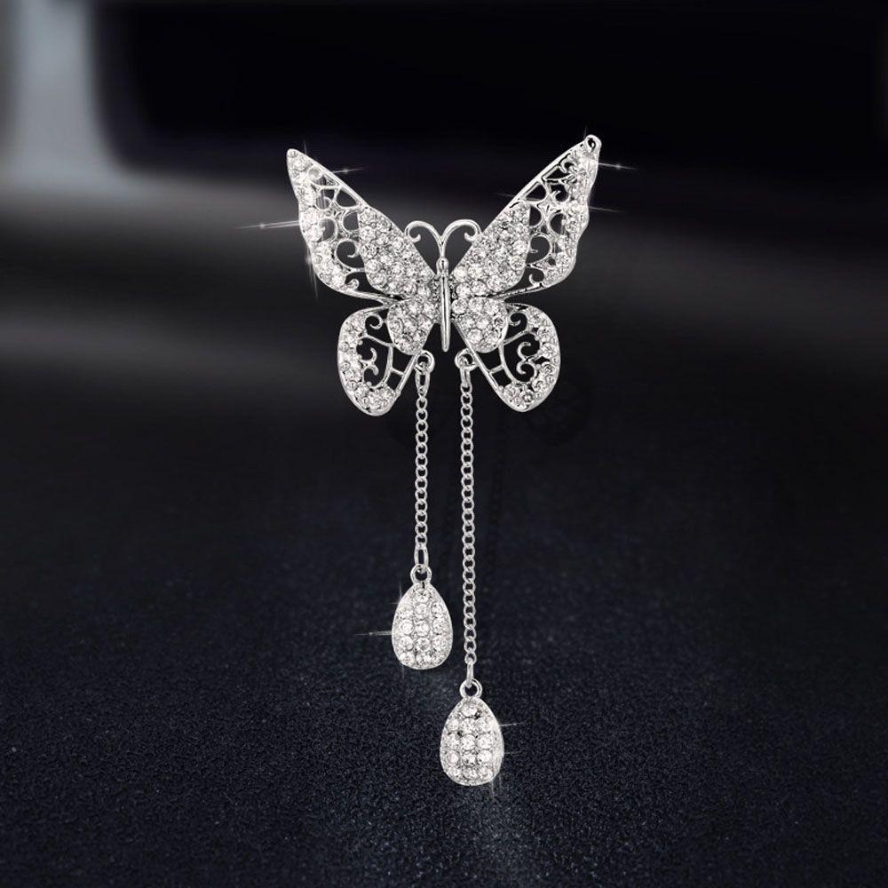 Tassel Drop For Women Girl Cubic Zircon Butterfly Corsage Accessories Brooches Pin Jewelry