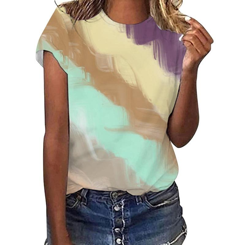 Women's Summer Casual Round Neck Pullover Short Sleeved Digital Printed Loose T-shirt