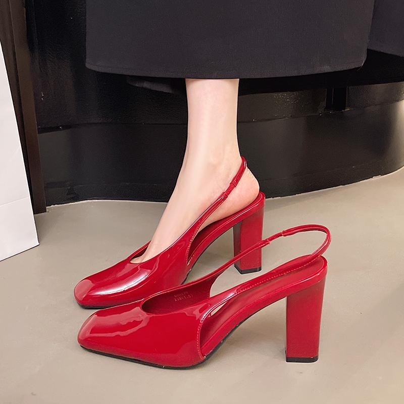 2025 Shallow Slip on Sandalias De Mujer Square Toes High Heels Back Strap Woman Pumps Metal Decoration Zapatos Mujer