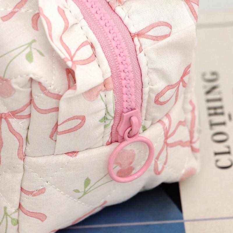 New Pink Bow Cherry Print Makeup Bag for Women Large Capacity Quilted Cosmetic Organizer Travel Toiletry Pouch Portable Wash Bag