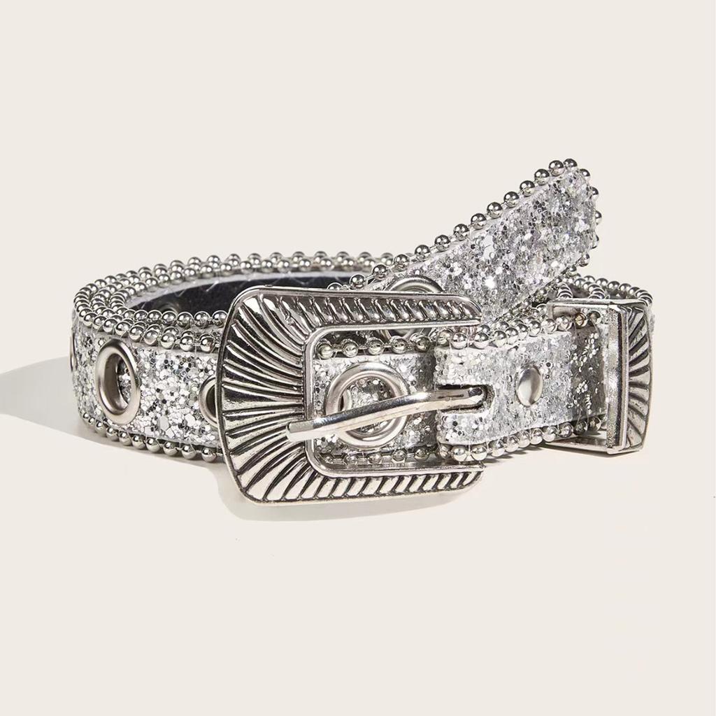 Blingbling Sequined Belt Aesthetic Big Eyelet Belt Gothic Pants Belt Girl PU Waistband Female Western Cowboy Waiststrap