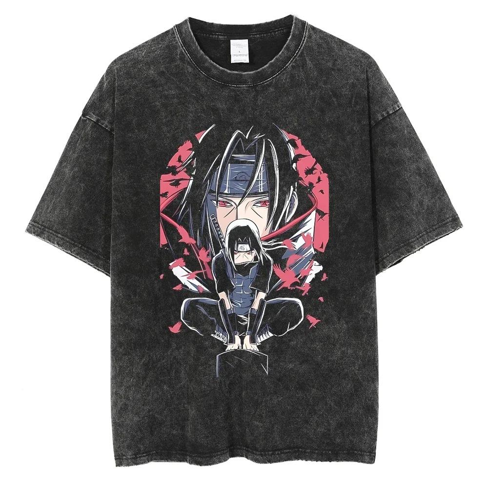 Anime Naruto Print T-Shirt Washed Oversized Tee Summer Short Sleeve Cotton Men Women Streetwear Vintage Black Washed T Shirt Harajuku Tops