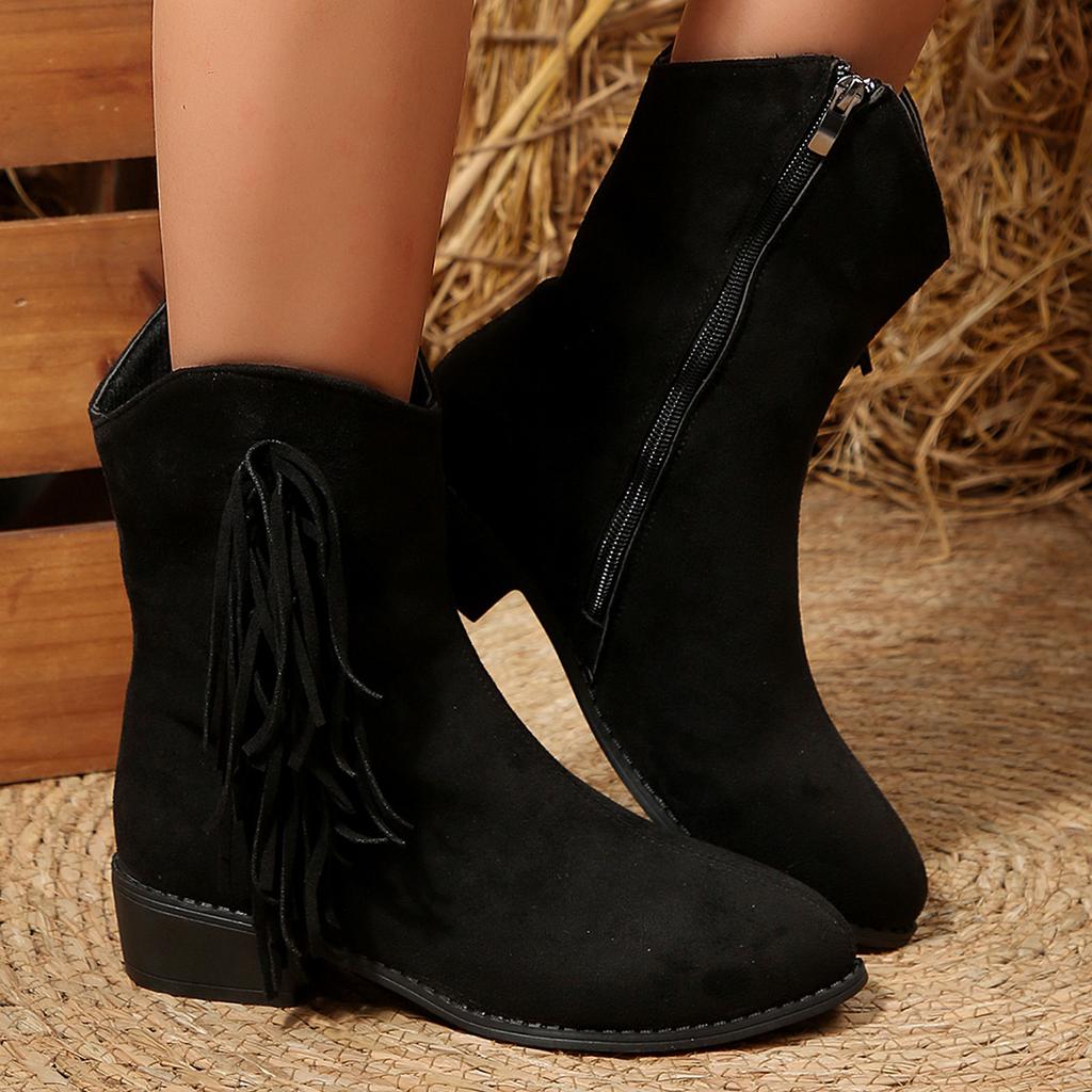 Autumn new retro short suede low-heeled Martin boots women's cross-border round head thick heel side zipper fringed boots