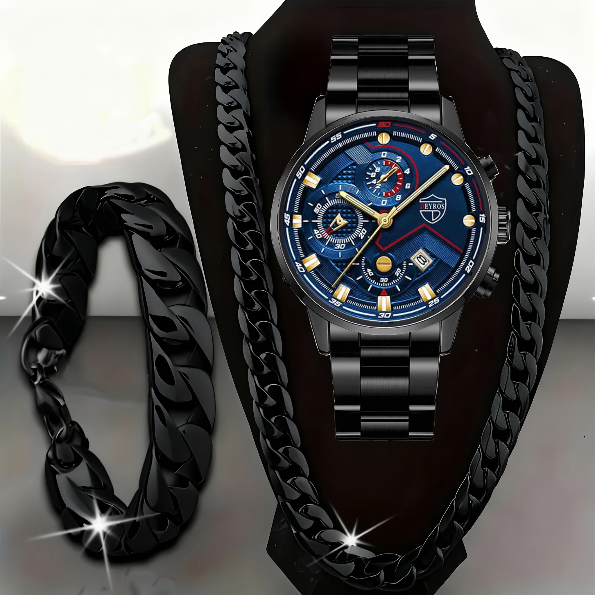 Спортивный набор часов 3 шт. Мужской кварцевый набор часов Мужской браслет Мужское ожерелье Набор браслетов из нержавеющей стали Повседневные часы для мужчин синий