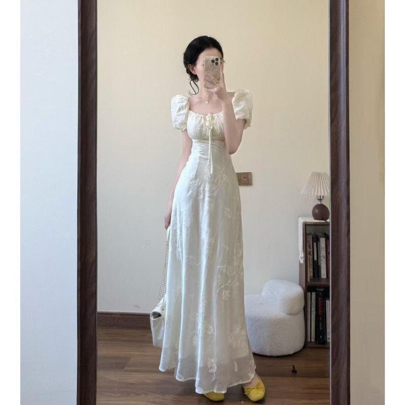 Elegant French Puff Sleeve Embroidered Square Neck Dress - Summer 2026 XL (58-65 kg)