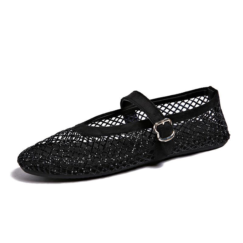 Chaussures en maille strass femme été nouvelles respirantes creuses semelle plate boucle à une bride ballet semelle souple