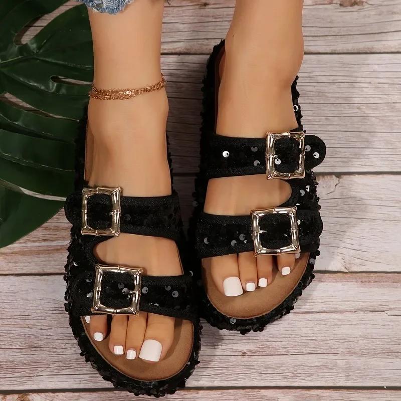 Women's Slippers 2024 Brand Plus Size Fashionable Sequin Flat Shoes New Belt Buckle Exposed Toe Outdoor Casual Women's Slippers