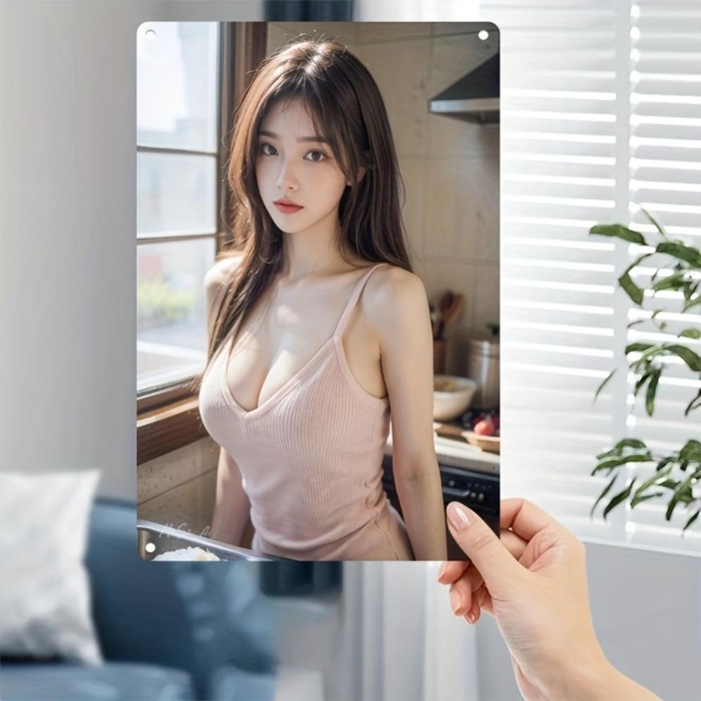 Hisun Tin Sign HD Metal Wall Art Sexy Asian Woman with Long Brown Hair Wearing Pink Ribbed VNeck Camisole Top Standing In Cozy Kitchen with Na