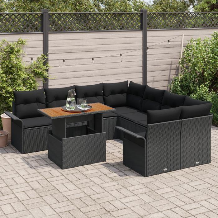 Ensemble de 9 Pièces de Canapés de Jardin avec Coussins Noir Poly Rattan, Canapé de Jardin 2 Places avec Rangement & 3358053