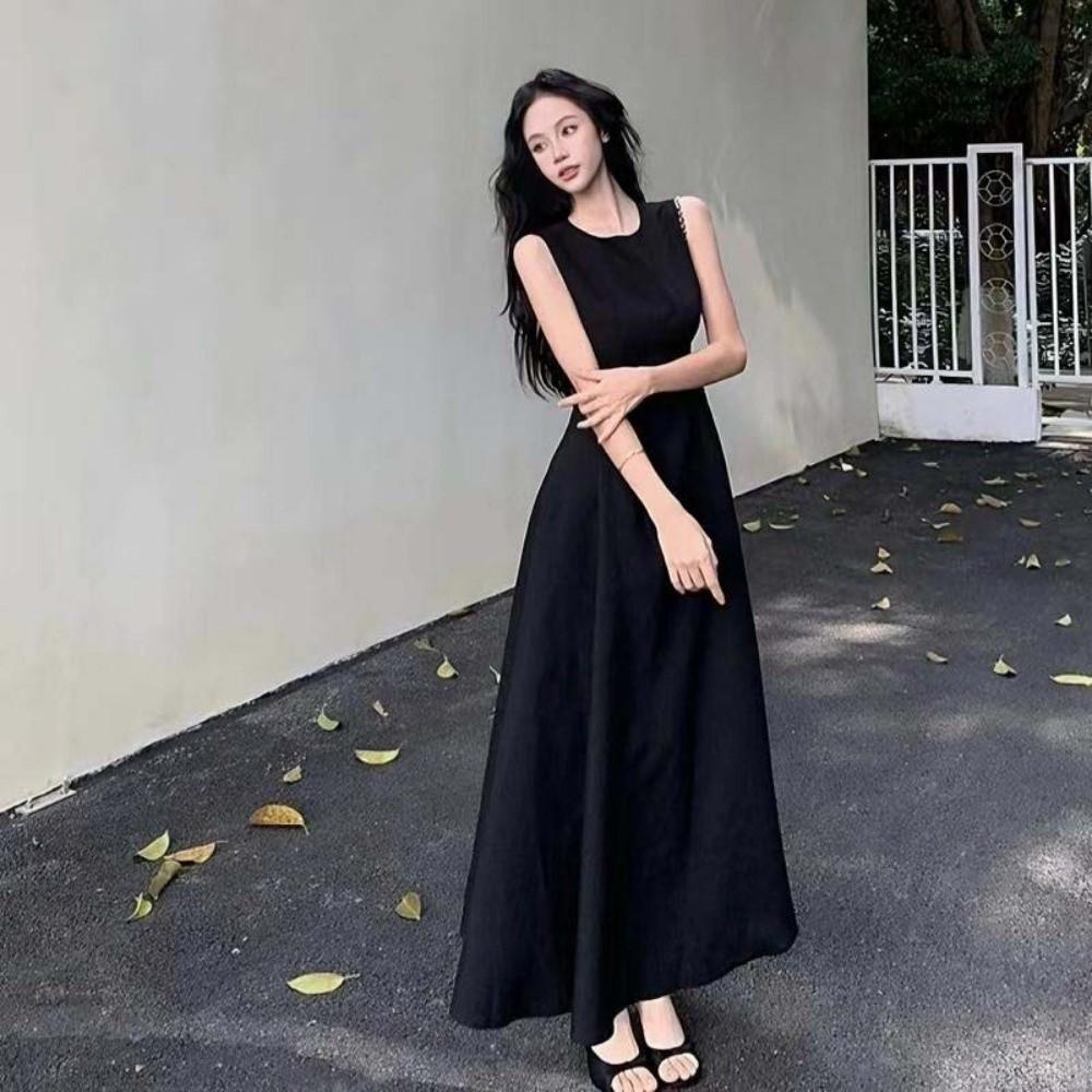 Temperament Sleeveless Long Dress U Neck Women Korean Dress Solid Color Long Skirt Party
