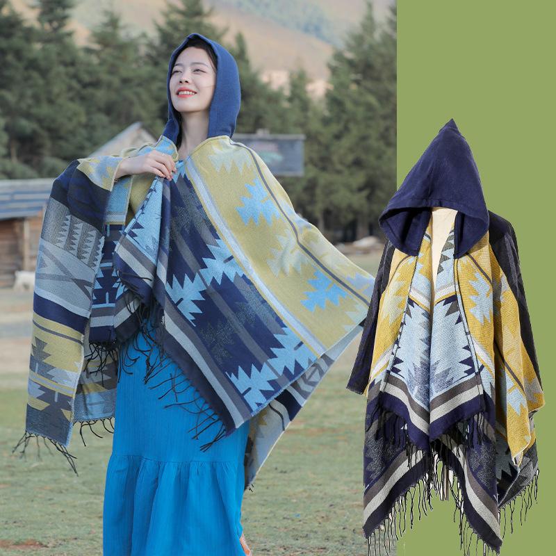 Autumn Winter Elegant Retro Print Scarf Women Layers Poncho Warm Tassels Scarve Capa Para Mujer Pashmina Cloak Wrap Shawl