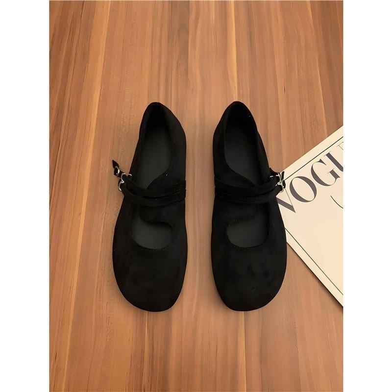 Mori literary and artistic style frosted leather Mary Jane shoes one-word buckle with shallow mouth round head flat-bottomed ballet shoes