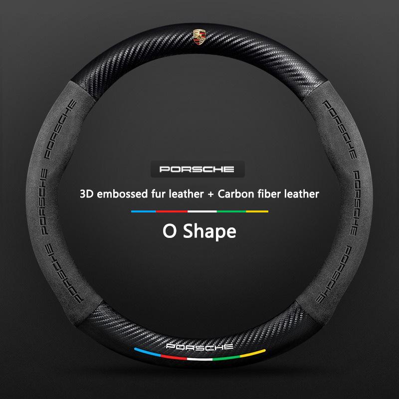 AIHQR1 O Shape Suede Carbon fiber anti-slip Car Steering Wheel Cover For Porsche Cayenne Panamera Macan Boxster Cayman 718 911 Sticker
