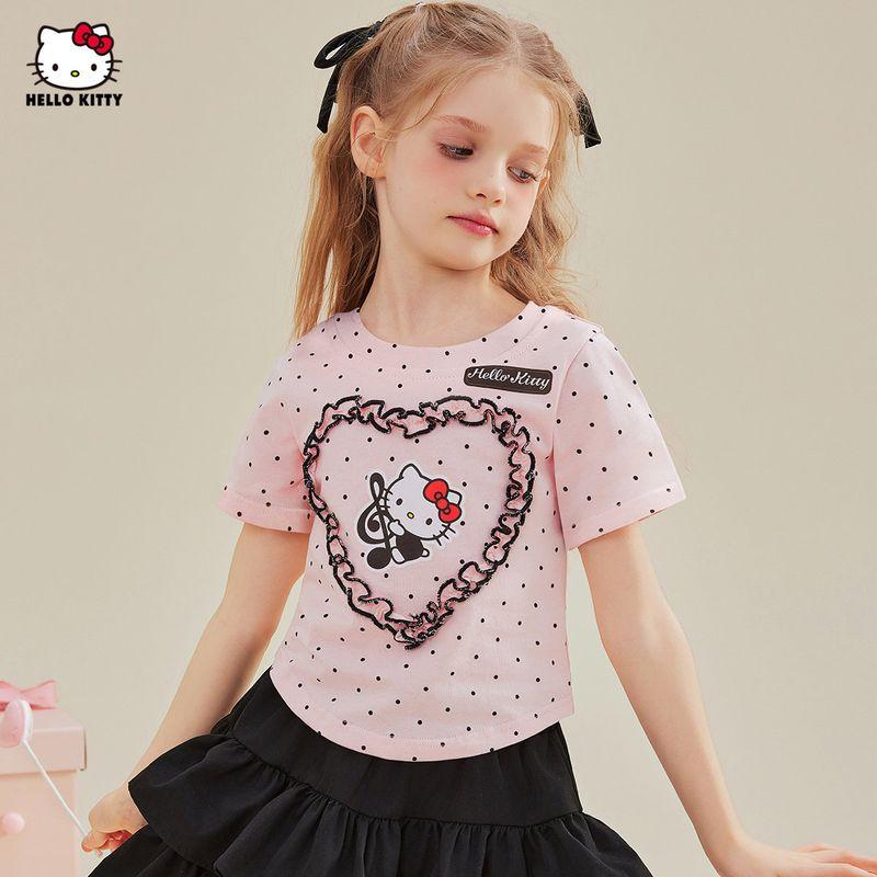 Hello Kitty Girls' Short-Sleeved T-Shirt Summer 2025 New Heart-Shaped Cute Cartoon Half-Sleeved Kidsren's Summer Top