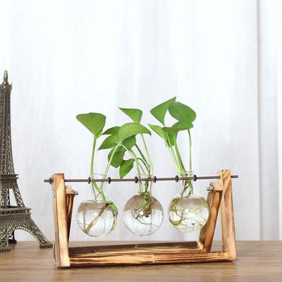 Vintage Holzrahmen Vase Pflanze Terrarium mit Holzständer Glasvase Desktop Glaspflanzgefäß für