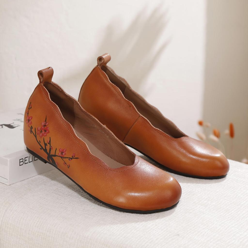 Johnature Retro Ethnic Style Height Increasing Shoes Genuine Leather Handmade Round Toe Wedges Shoes