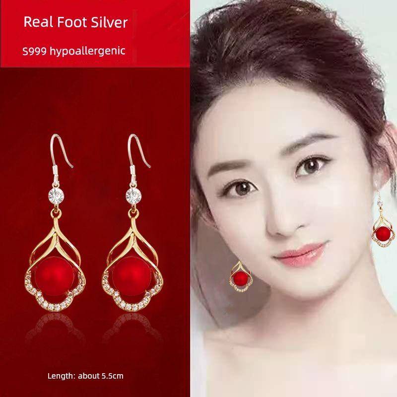 

2025 New Arrival Trendy Ornament New Year Red Festive Earrings Female Fall and Winter National Style New Year Elegant 999 Sterling Silver Hook Cloud Red Bead [999 Sterling Silver Hook]]