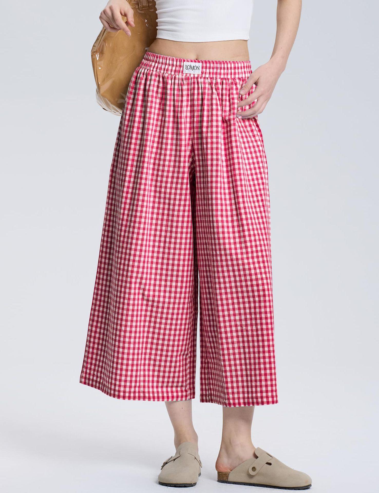 Women Loose Wide Leg Plaid Casual Pants For Summer XS красный