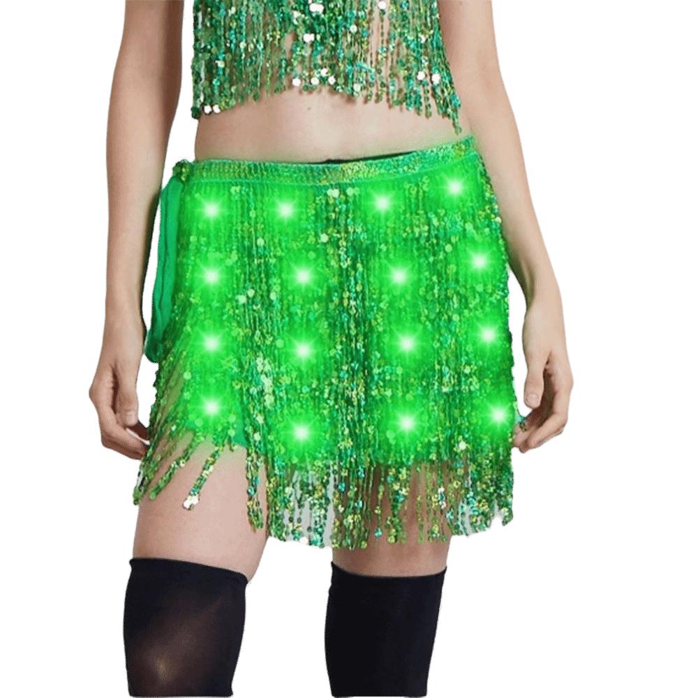 

Shiny Belly Dance Hip Scarf Star Fringe LED Sequin Tassel Skirts Halloween Christmas зелёный