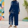 Women Plus Size Dark Blue Printed Round Neck Long Sleeve Two Piece Set Asymmetrical Layered Top Wide Leg Pants