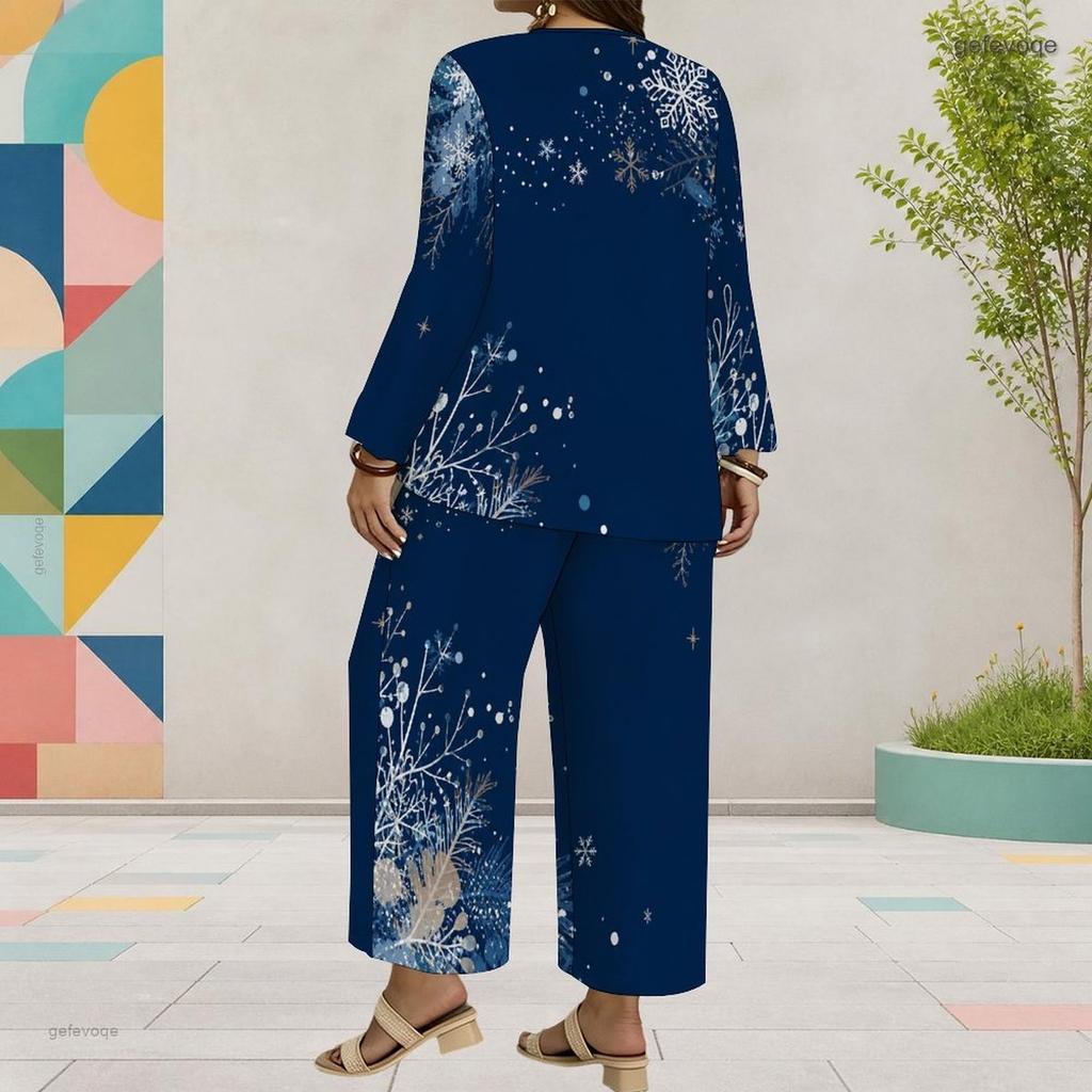 Women Plus Size Dark Blue Printed Round Neck Long Sleeve Two Piece Set Asymmetrical Layered Top Wide Leg Pants
