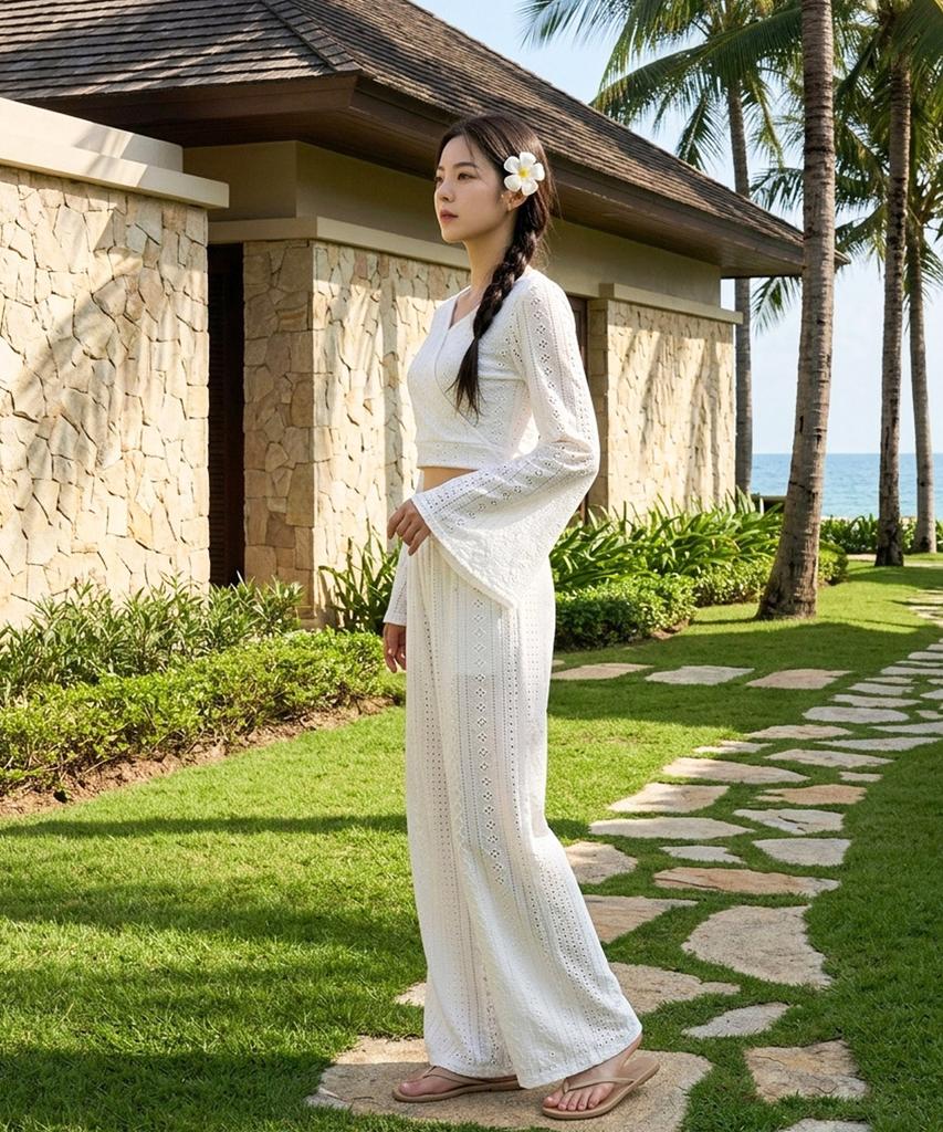 Helingbon Punching Wrap Long Sleeve Wide Pants Beach Set Hj201