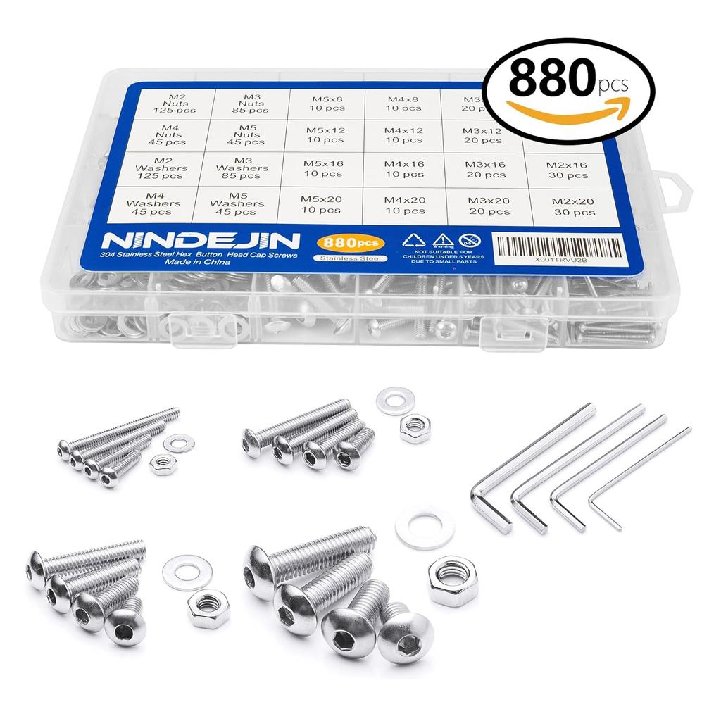 NINDEJIN Metric Button Head Socket Cap Screw Bolts & Flat Washers & Nuts Assortment Kit M2 M3 M4 M5 Stainless Steel Machine Screws Set and Wrench,