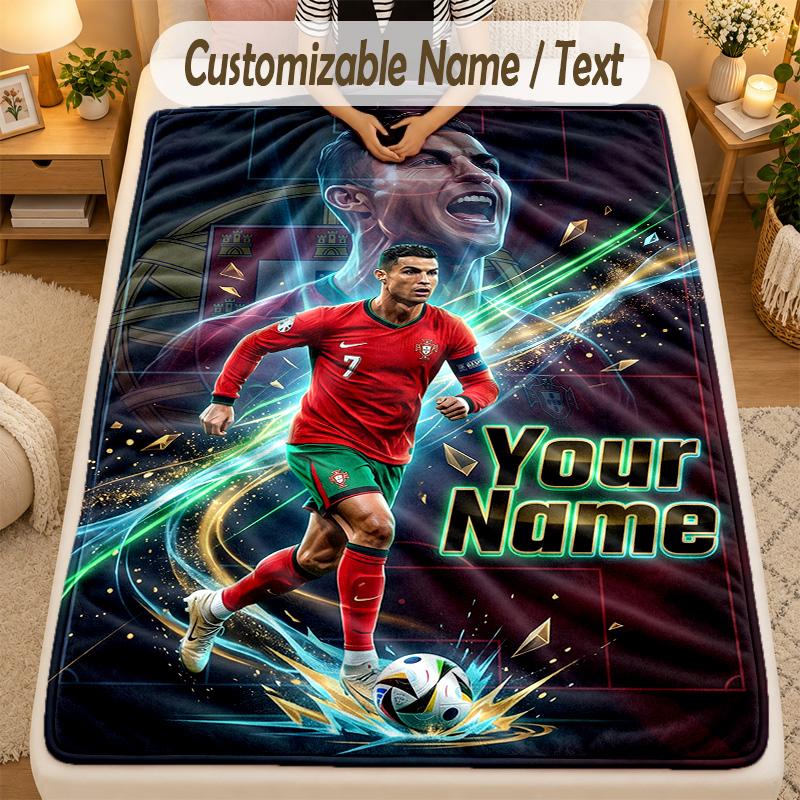Flannel BlanketCristiano Ronaldo Custom Name Text Personalized Soft Warm Throw Blanket Home Decor Gift