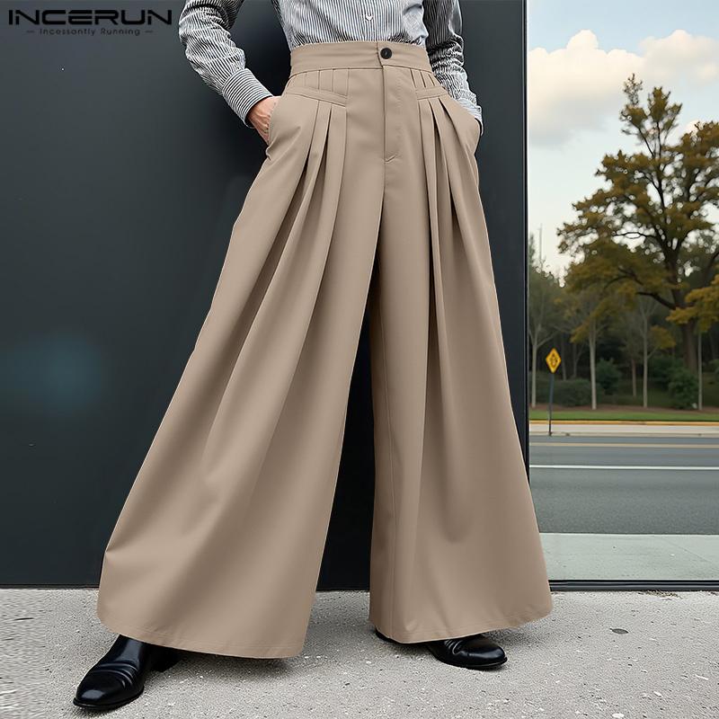 INCERUN Men Ruffled High Waist Trousers Casual Long Wide Legs Pants