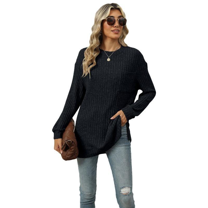 

Осенне-зимняя свободная футболка с круглым вырезом и карманом на подоле, однотонный трикотажный пуловер для женщин XXL чёрный