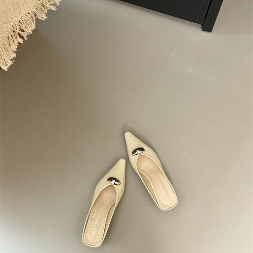 Fashion French Style High Heel Slippers Women Pointed Toe Metal Buckle Slip On Mules
