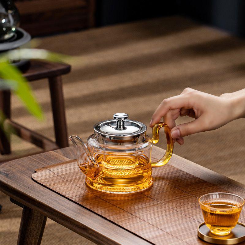 Heat-Resistant Glass Teapot Set with Stainless Steel Infuser and Colored Handle Teacups