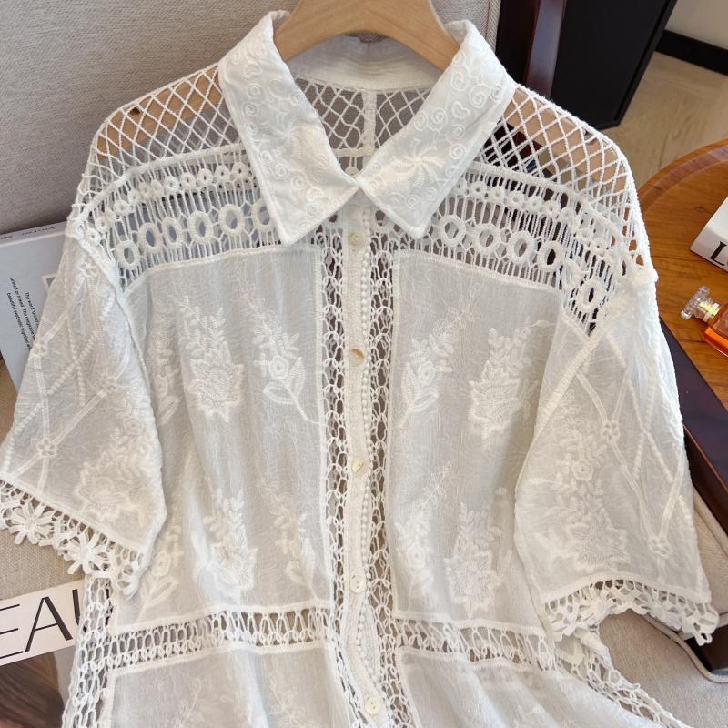 DIMANAF 2025 New Summer Buttons Shirt Women Lace Blouse Embroidery Short Sleeve Fashion Tops Tees Casual Loose Tees