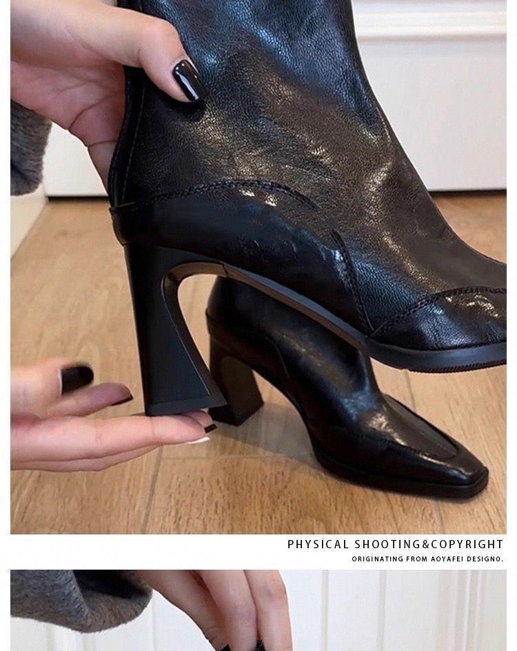 French Retro Square Toe Chunky Heel Ankle Boots for Women - Autumn Winter Versatile Slim Fit In Brown Black.