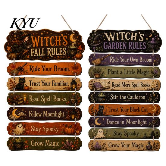 Hanging Wooden Plaque Witch's Fall Rules Sign, Vintage Halloween Wood Wall Rustic Style Art Farmhouse for Outdoor Porch Yard, Home Decor Black