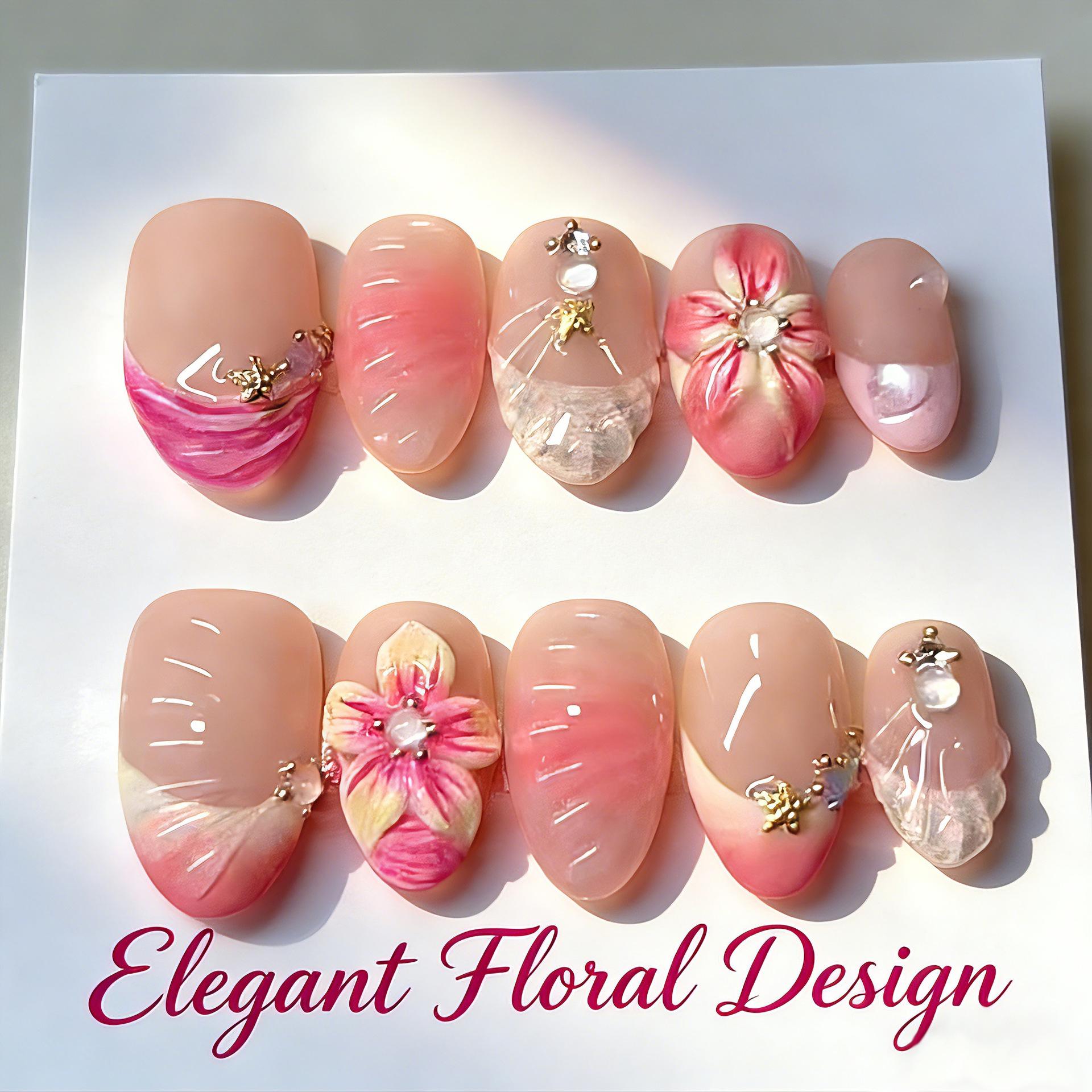 30-Piece Red Gradient 3D French Manicure Nail Tips with Pearl Blush Almond Design