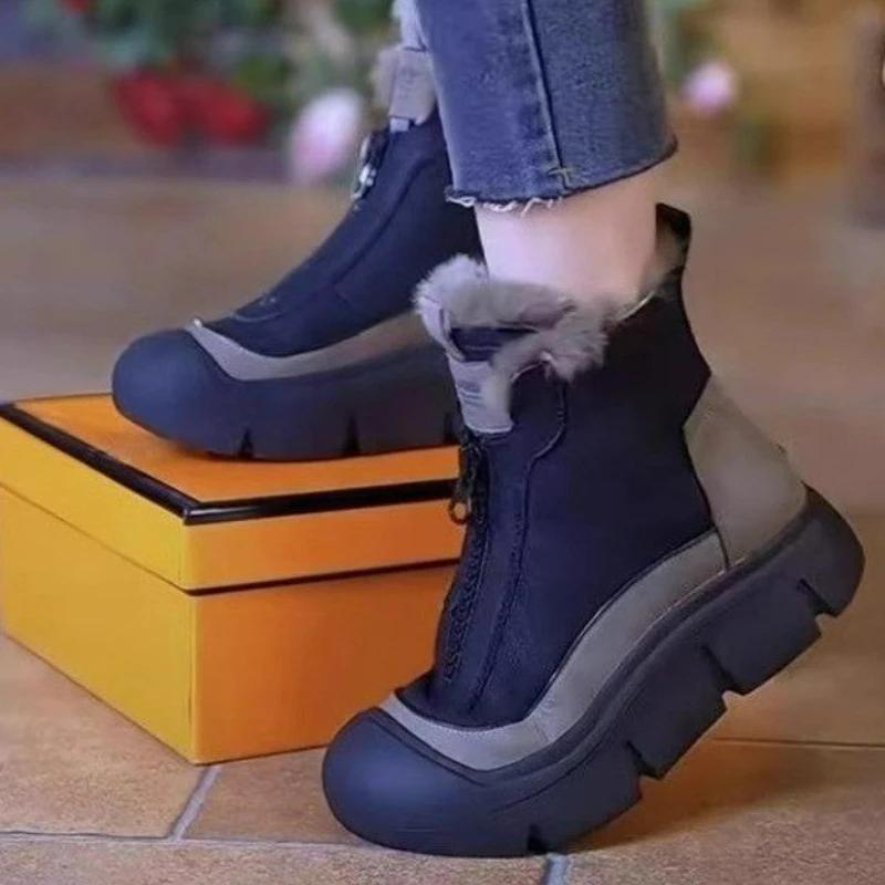 Female Winter Snow Boots Front Zip Thick Bottom Cotton Shoes Warm Versatile Round Head High-top Flats