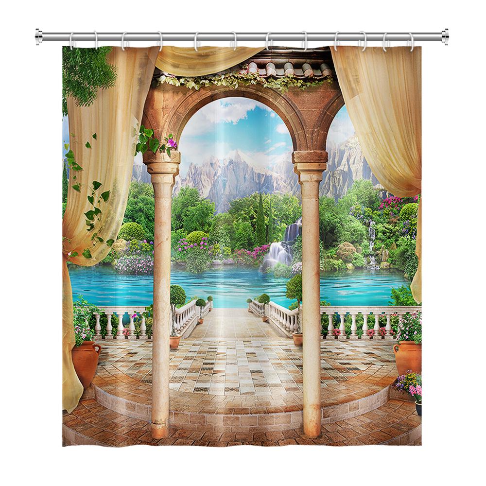Venkovská krajina Sprchové závěsy Potok Kámen Lotos Buddha Koupelnový závěs Přírodní scenérie Vodotěsná Koupelna Domácí dekorace s háčky