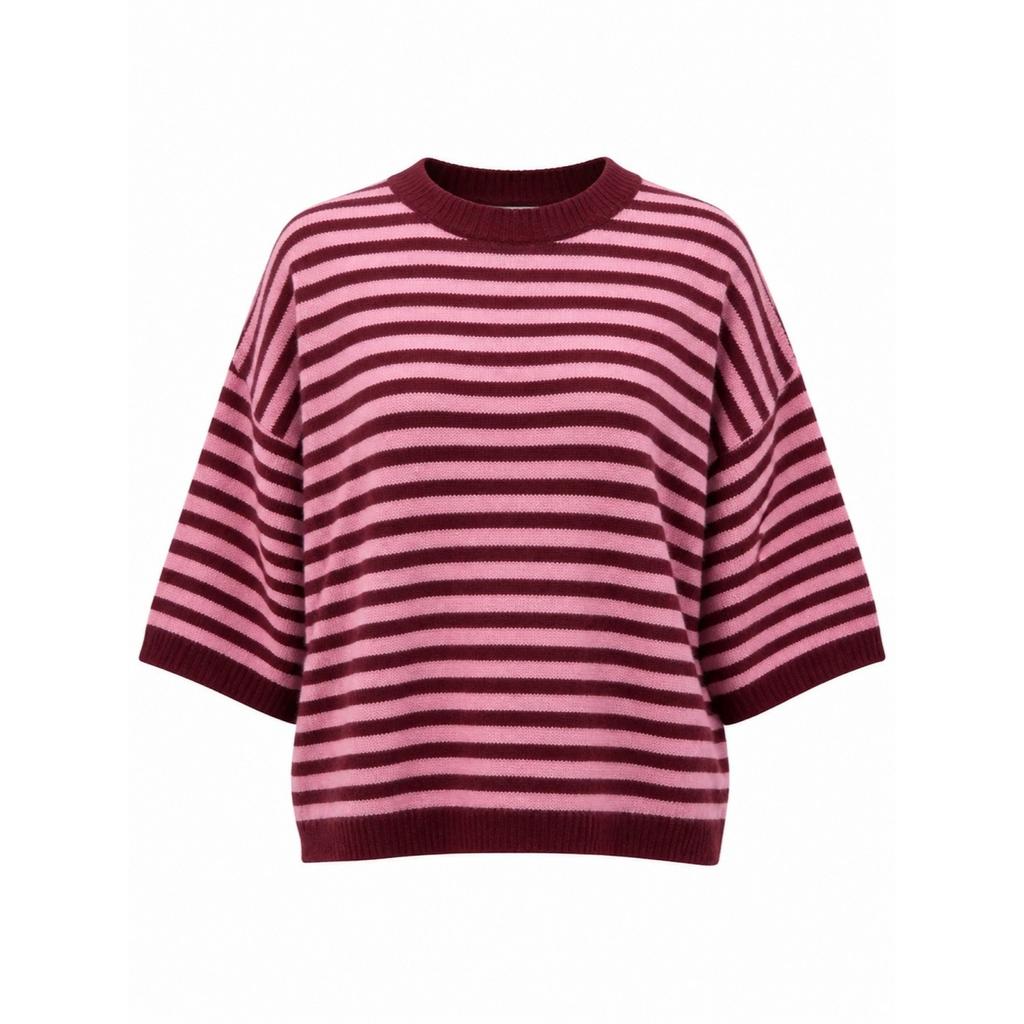 Women Loose Fit Crew Neck 3 4 Sleeve Striped Knit Sweater
