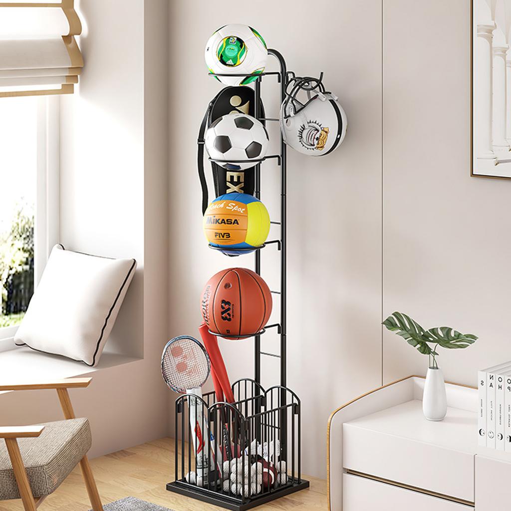 Iron Sports Ball Storage Rack, Black Modern Ball Holder Stand with 4 Basket Organizer, Free Standing Basketball Soccer Ball Cage