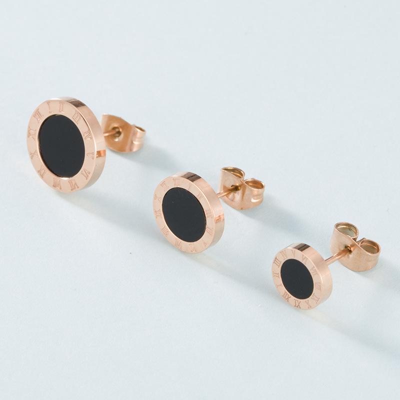 European & American Creative Titanium Steel Roman Numeral Black Round Earrings, Chic Women's Rose Gold Studs.