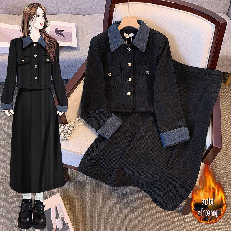 

Plus Size Elegant Fleece-Lined Polo Dress Set for Autumn/Winter M (80-100 Jin)