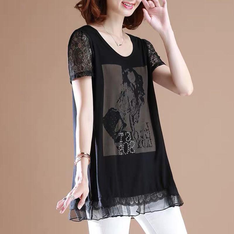 

Casual Short Sleeve Elegant Lace Patchwork T-shirt Women s Clothing Fashion Printed Diamonds Summer Loose O-Neck Midi Pullovers 5XL чорний
